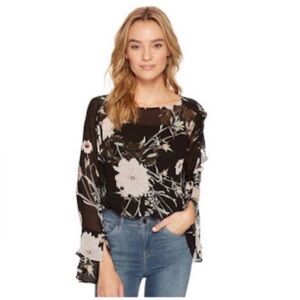 Lucky Brand Bell Sleeve Blouse Black Floral Size Small